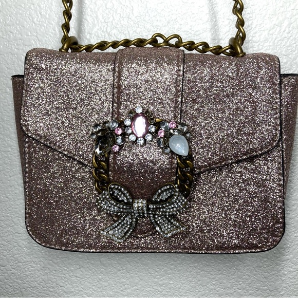 Aldo Glitter Shining Crossbody Bag Pink Silver Embellished Snap Closure 9x7" - Picture 1 of 16